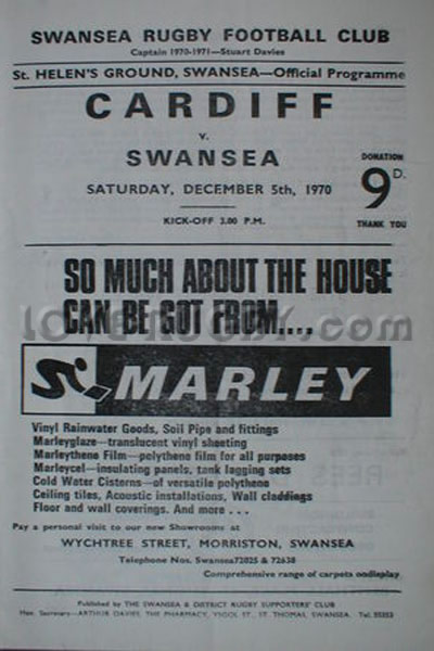 1970 Swansea v Cardiff  Rugby Programme