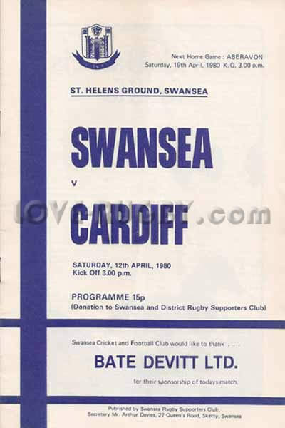 1980 Swansea v Cardiff  Rugby Programme