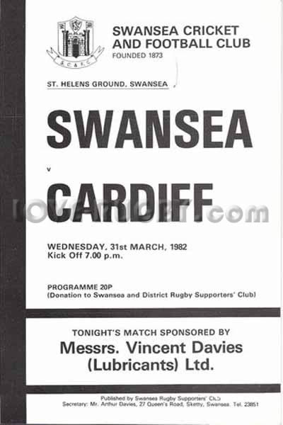 1982 Swansea v Cardiff  Rugby Programme