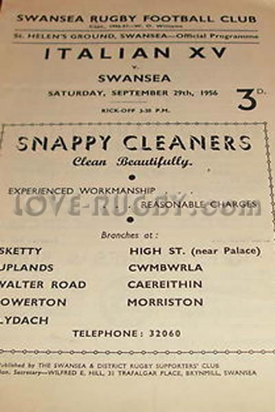 1956 Swansea v Italy  Rugby Programme