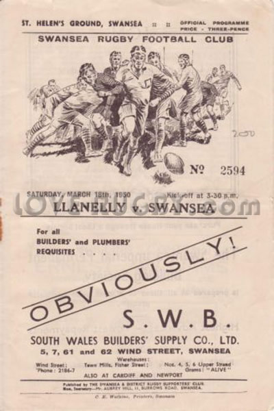1950 Swansea v Llanelli  Rugby Programme