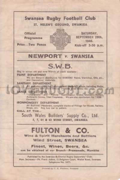 1946 Swansea v Newport  Rugby Programme