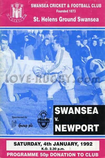 1992 Swansea v Newport  Rugby Programme