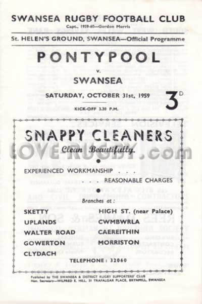 1959 Swansea v Pontypool  Rugby Programme