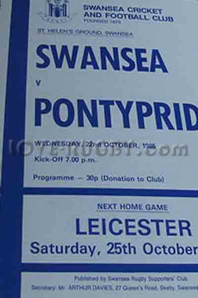 1986 Swansea v Pontypridd  Rugby Programme