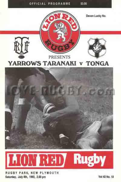 1992 Taranaki v Tonga  Rugby Programme