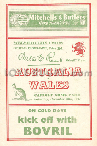 1947 Wales v Australia  Rugby Programme