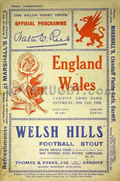 1926 Wales v England  Rugby Programme