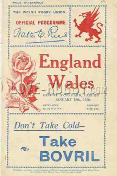 1930 Wales v England  Rugby Programme