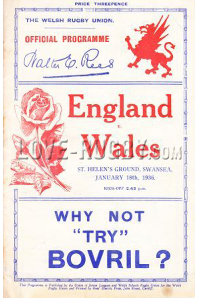 1936 Wales v England  Rugby Programme