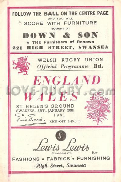 1951 Wales v England  Rugby Programme