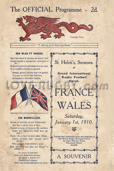 1910 Wales v France  Rugby Programme
