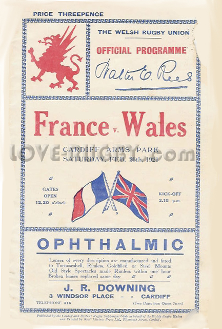 1921 Wales v France  Rugby Programme