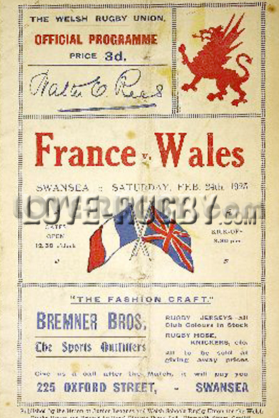 1923 Wales v France  Rugby Programme