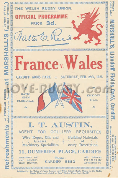 1925 Wales v France  Rugby Programme