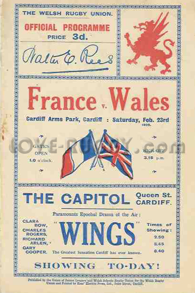 1929 Wales v France  Rugby Programme