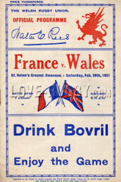 1931 Wales v France  Rugby Programme