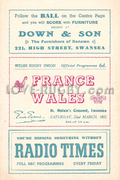 1952 Wales v France  Rugby Programme