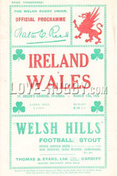 1926 Wales v Ireland  Rugby Programme