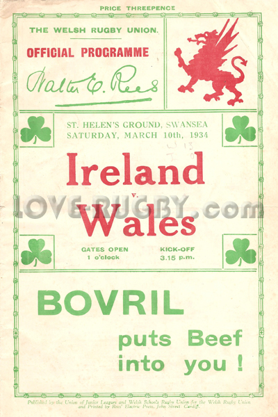 1934 Wales v Ireland  Rugby Programme