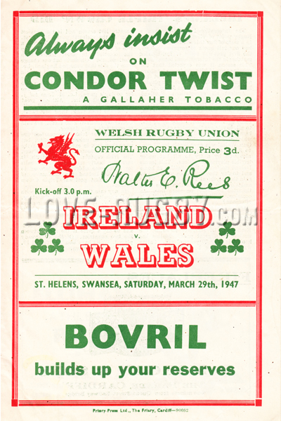 1947 Wales v Ireland  Rugby Programme