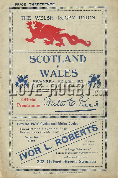 1921 Wales v Scotland  Rugby Programme