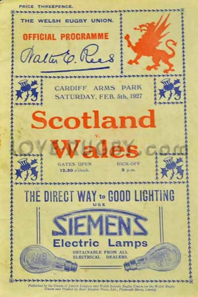 1927 Wales v Scotland  Rugby Programme