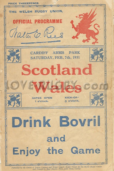 1931 Wales v Scotland  Rugby Programme