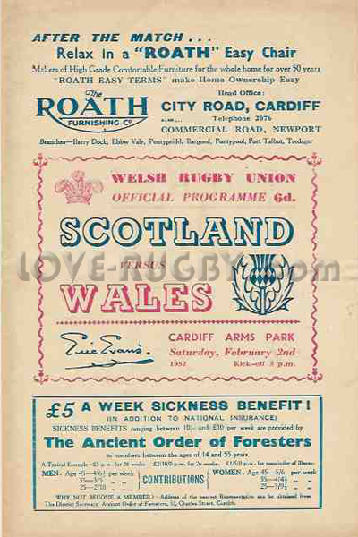1952 Wales v Scotland  Rugby Programme