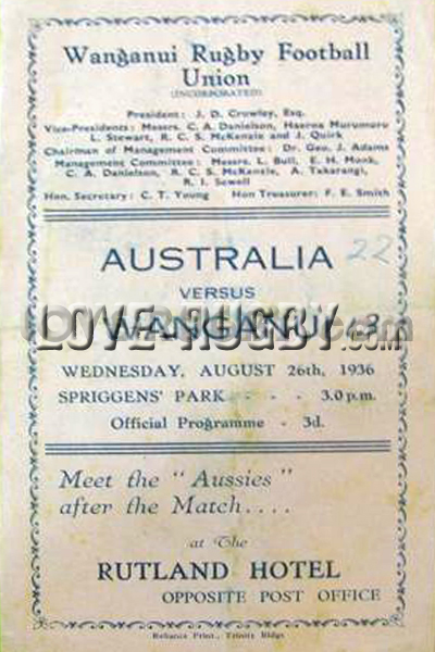 1936 Wanganui v Australia  Rugby Programme