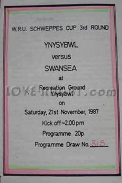 1987 Ynysybwl v Swansea  Rugby Programme