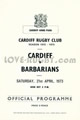 Cardiff v Barbarians 1973 rugby  Programme