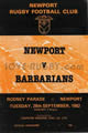 Newport v Barbarians 1982 rugby  Programme