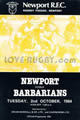 Newport v Barbarians 1984 rugby  Programme